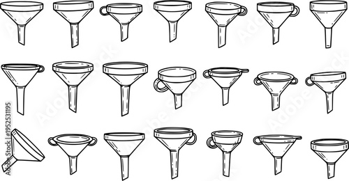 Black and White Line Art Collection of Various Funnels for Science, Kitchen, and Industrial Use