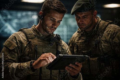 Modern soldiers analyzing tactical satellite data on tablet in command center to launch a missle