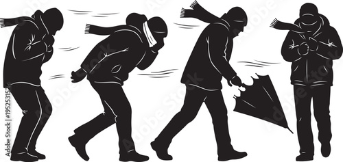 People struggling in strong windy weather conditions outdoors