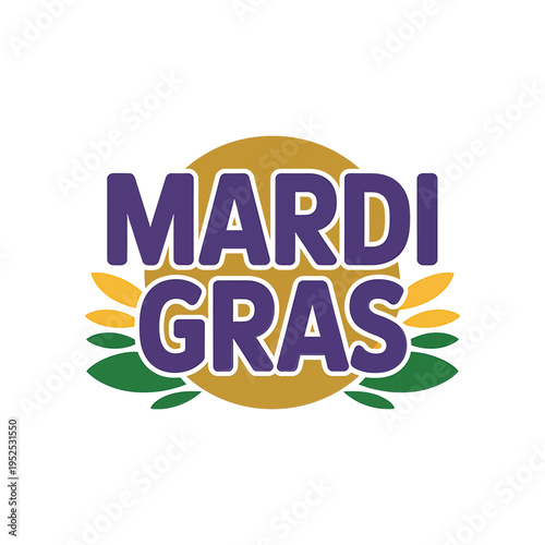 A vibrant mardi gras logo with lettering and decorative foliage elements