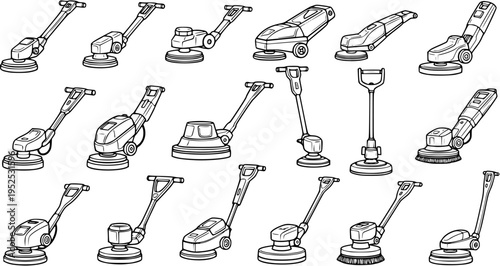 Black and White Line Art Collection of Various Floor Scrubbing Machines and Buffers
