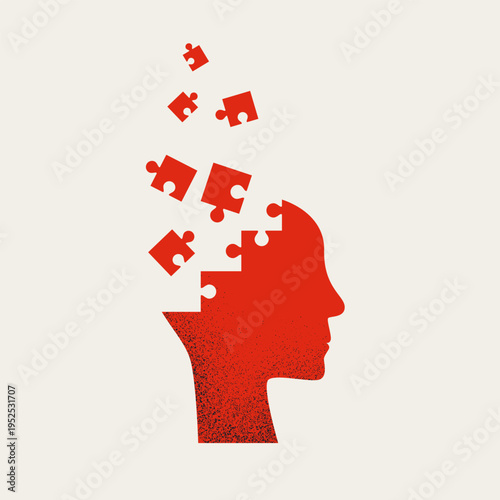 A minimal vector illustration of a red human head silhouette with puzzle pieces falling apart. This concept symbol represents mental health issues like depression, anxiety, and an unstable state of mi