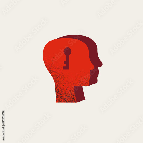 Vector concept illustration of a human head profile with a keyhole symbol. Represents mental security, data privacy, safety in business and technology, unlocked knowledge or brain power. Minimalist de