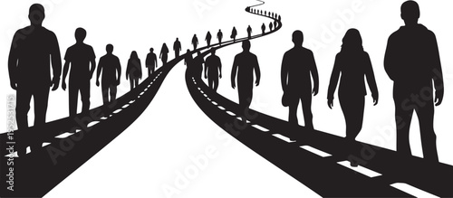 Silhouettes of people walking on diverging roads ahead