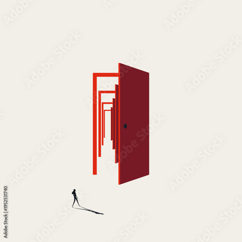 Minimal vector concept illustration of a woman walking to an open door. Represents new career opportunity, corporate choices and future business success.
