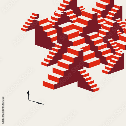 Minimal vector concept illustration of a businesswoman facing multiple stairs. Represents corporate career opportunity, job choice, and professional path selection.