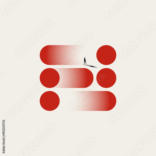 Minimal vector concept illustration of a businessman walking on abstract red shapes. Represents corporate career growth, ambition, and adaptation to change. Ideal for new job promotion strategies.