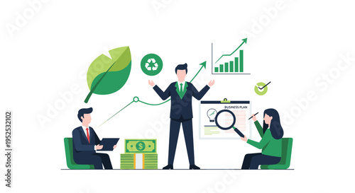 Three business professionals discuss a green business plan, surrounded by a large leaf, money, a recycling symbol, and an upward-trending graph.