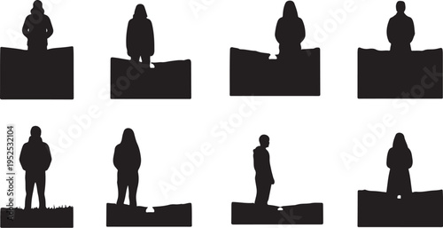 Silhouettes of people standing on blocks in various poses