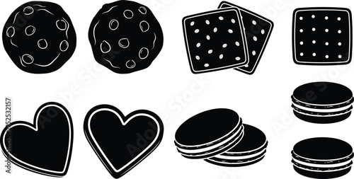 Cookie and Biscuit Silhouette Set with Round, Square, Heart Shapes and Sandwich Cookies, Sweet Snack Food Illustration CollectionCookie and Biscuit Silhouette Set with Round, Square, Heart Shapes and 