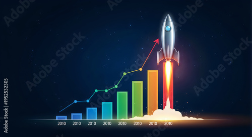 Rocket launching from colorful business graph, success and growth concept