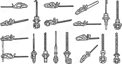 Black and White Line Art Illustration of Various Hedge Trimmer Styles
