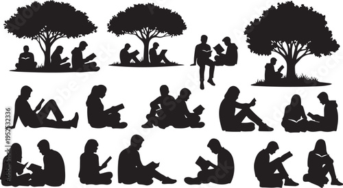 Silhouettes of people sitting and standing under trees outdoors