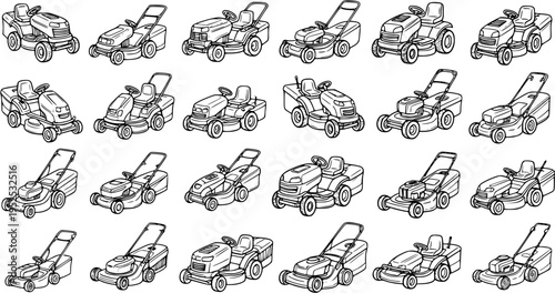 Black and White Line Art Collection of Lawn Mowers and Garden Tractors for Outdoor Equipment Industry