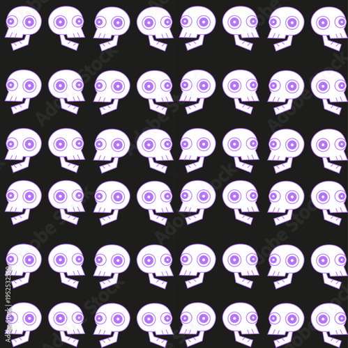 Clean seamless background showcasing white cartoon skulls arranged in a neat pattern on a black background. Minimalist design ideal for classic Halloween themes, gothic branding, or versatile fabric p