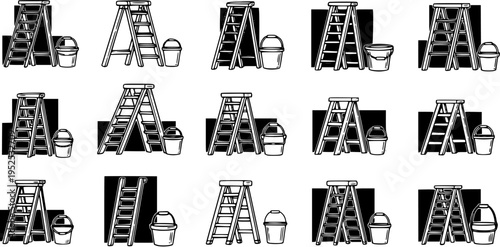 Black and White Line Art Icon Set of Ladders and Buckets for Construction and DIY