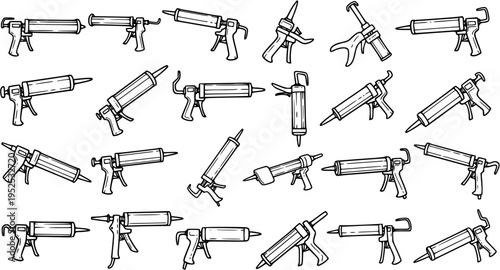 Construction  Home Improvement Caulk Guns Line Art Icons Set. Hand Drawn Black and White Doodles of Sealant and Adhesive Applicator Tools.