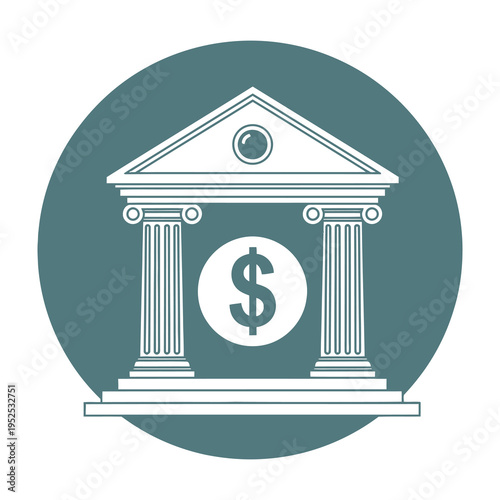 Elegant classical architecture building symbolizes financial stability and prosperity with a central dollar sign emblem for business growth and investment opportunities
