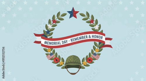 Memorial Day remember and honor wreath with helmet and flags