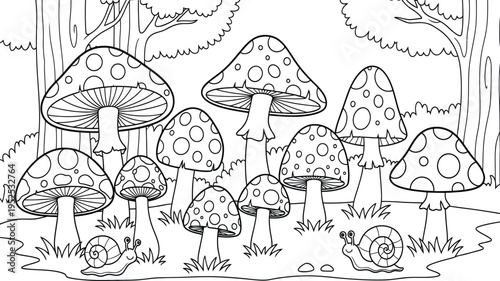 A group of mushrooms and snails in a forest with trees and grass  black and white illustration