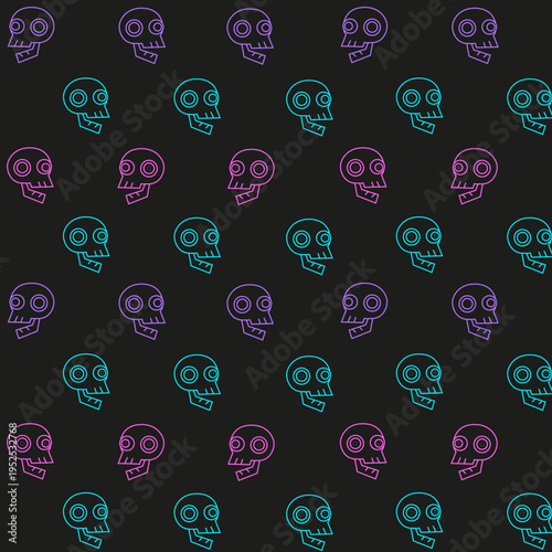Dynamic seamless background featuring a pattern of cartoon skulls in intense blue, pink, and purple neon shades against black. The highly saturated colors make this ideal for energetic event branding,