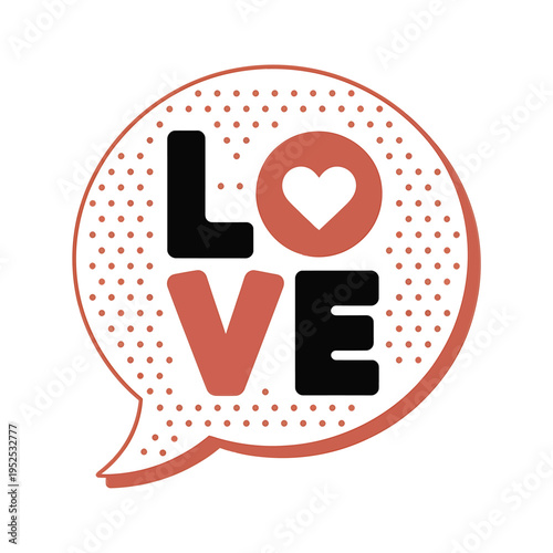 A circular speech bubble graphic displays the word love with a heart