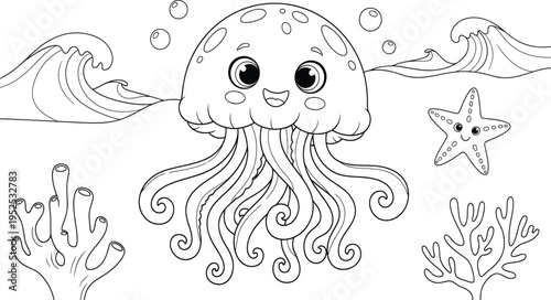 Black and white illustration of a smiling jellyfish and starfish with sea waves and corals