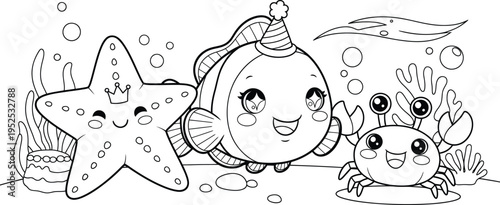 Black and white illustration of a smiling starfish crab and fish underwater with seaweed and bubbles  ocean creatures