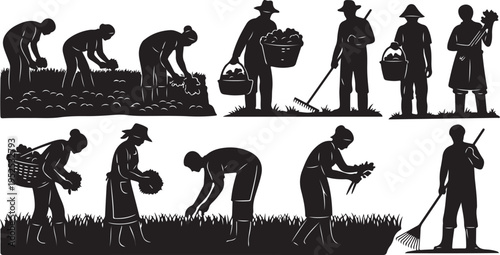 Farmers working in fields with tools and baskets silhouettes