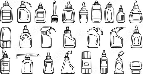DIY Adhesives and Household Products Bottles Black  White Line Art. Hand-drawn Outline Collection of Glue, Cleaner, Cosmetic Containers and Dispensers.