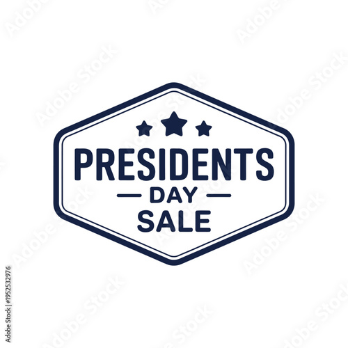 A navy blue badge announces a presidents day sale with stars