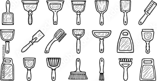 Construction and Home Improvement Hand Tools Line Art Set. Black and White Hand-Drawn Icons of Spatulas, Scrapers, Brushes, and Trowels for DIY  Cleaning.