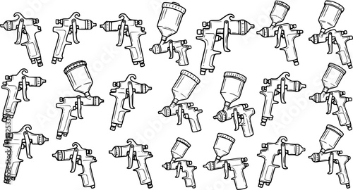 Automotive  Industrial Painting Spray Guns Pattern in Black and White Line Art Style - Hand-Drawn Tools and Equipment Outline Illustration