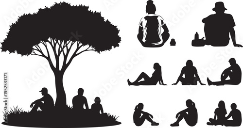 Silhouettes of people sitting under a tree together outdoors