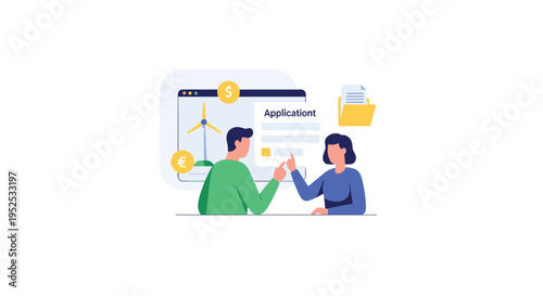 Two individuals interact with an online application form on a screen, featuring a wind turbine and currency symbols.