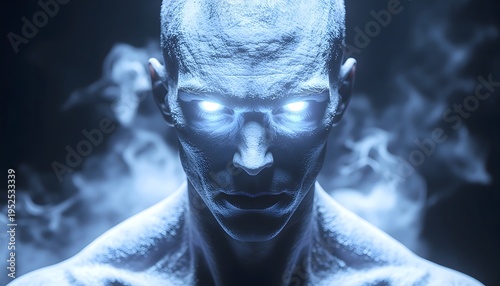 Intense Gaze of a Mysterious Figure with Luminous Eyes Amidst Ethereal Smoke and Darkness