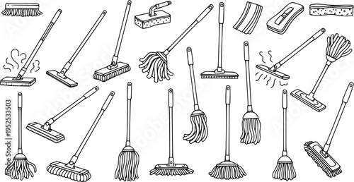 Cleaning Tools Black and White Line Art Vector Set. Hand-drawn doodle collection of various mops, brushes, and sponges for household hygiene.