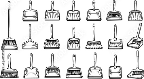 Black and White Line Art Illustration of Various Cleaning Brooms and Dustpans for Household Chores and Domestic Work Icon Collection