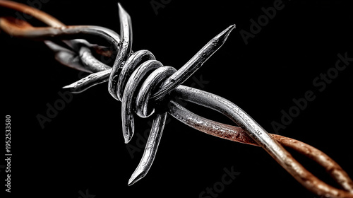 close up of a barbed wire fence with black background