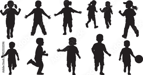 Silhouettes of children playing and running in various poses