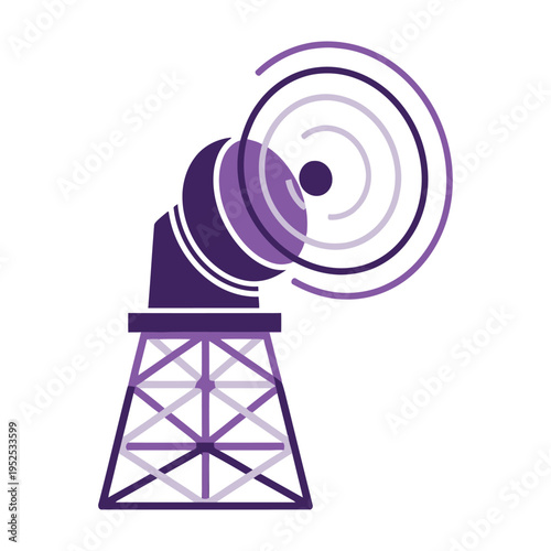 Purple communication tower emits radial signals against a white background depicting technology and broadcasting