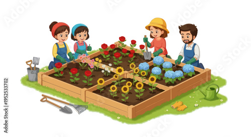 Family Gardening Together in Raised Flower Beds with Roses, Sunflowers, and Hydrangeas