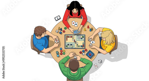 Diverse group playing board game on round table, fun family activity, strategy game