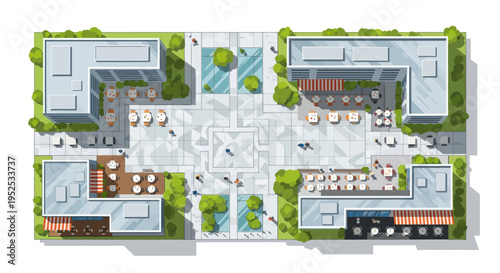 Aerial View of a Modern City Square with Cafes, Offices, and Green Spaces