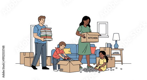 Family Moving House: Parents and Children Packing Boxes for Relocation