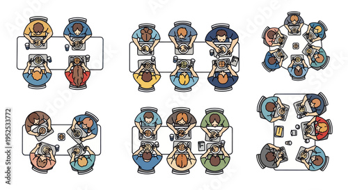 Diverse Team Collaboration Top View: Meeting, Brainstorming, and Working Together