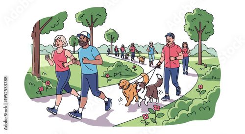 Diverse people enjoying outdoor activities in a park: jogging, walking dogs, and recreation.