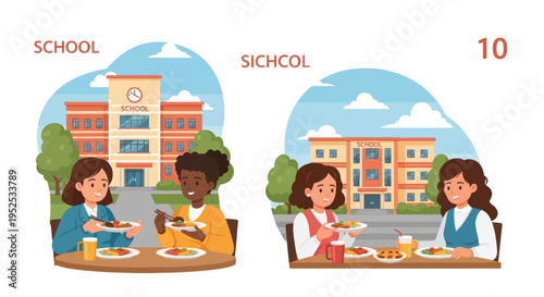 School Learning vs. Misspelled Education, Students Eating Lunch Outdoors
