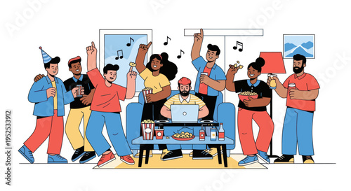 Friends Celebrating Party at Home with Music, Drinks, and Snacks