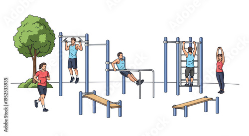 Outdoor Fitness Park: People Exercising on Gym Equipment in Green Park